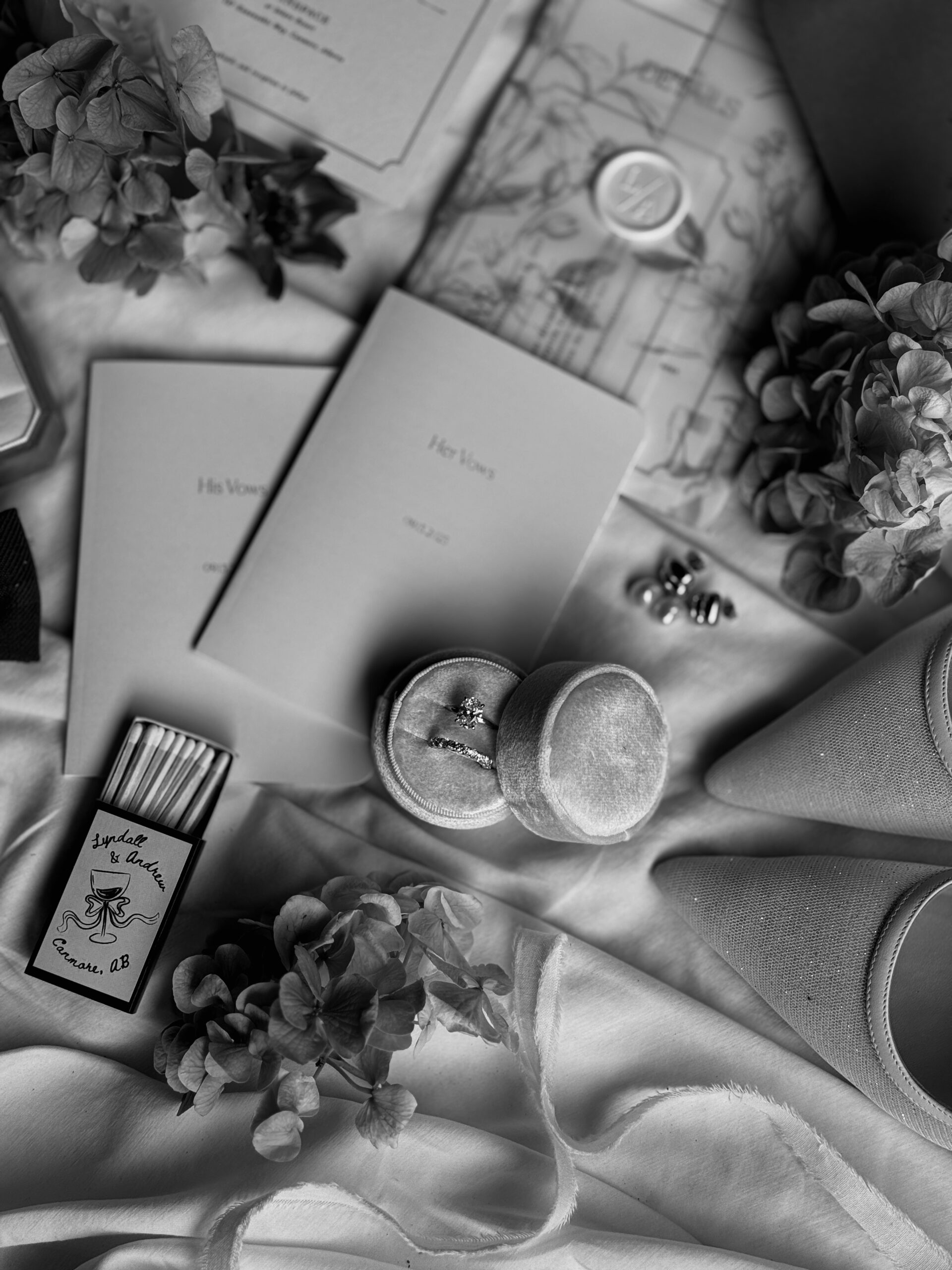 flay lay of jewelry and vow books